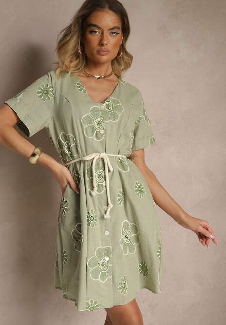 Jasnozielona Sukienka Boho Ozdobiona Sznurkiem i Haftami Evinelle