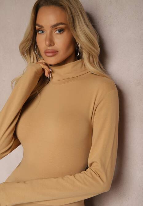 Ciemnobeżowa Bluzka z Bawełny z Golfem Nerisja