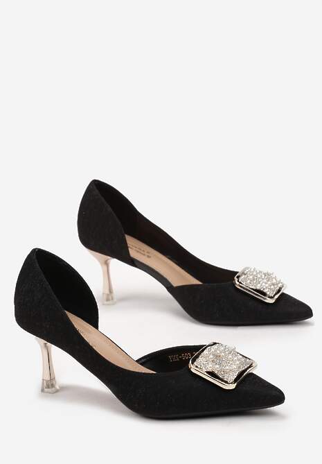 Czarne Czółenka na Szpilce z Ozdobą z Cyrkoniami i Perłami Lenova