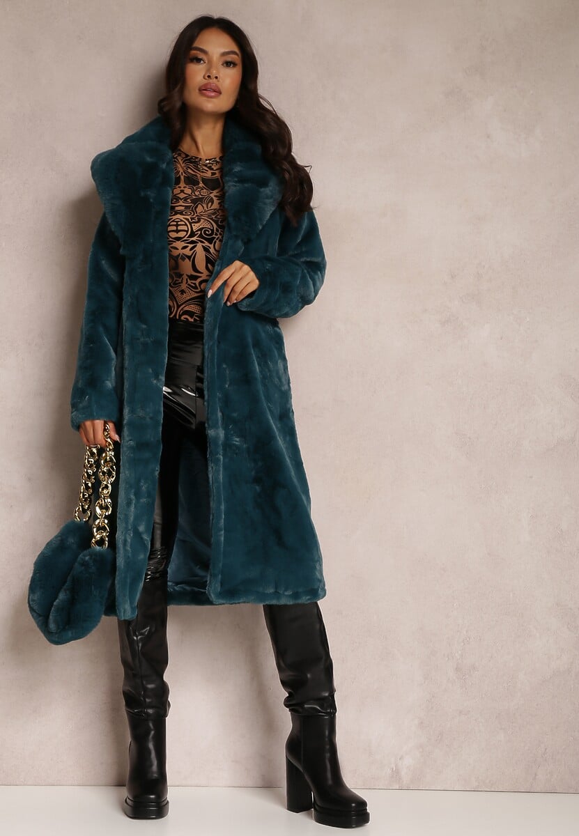Ciemnozielony Płaszcz Futrzany Teddy z Wiązanym Paskiem  i Torebką Voda