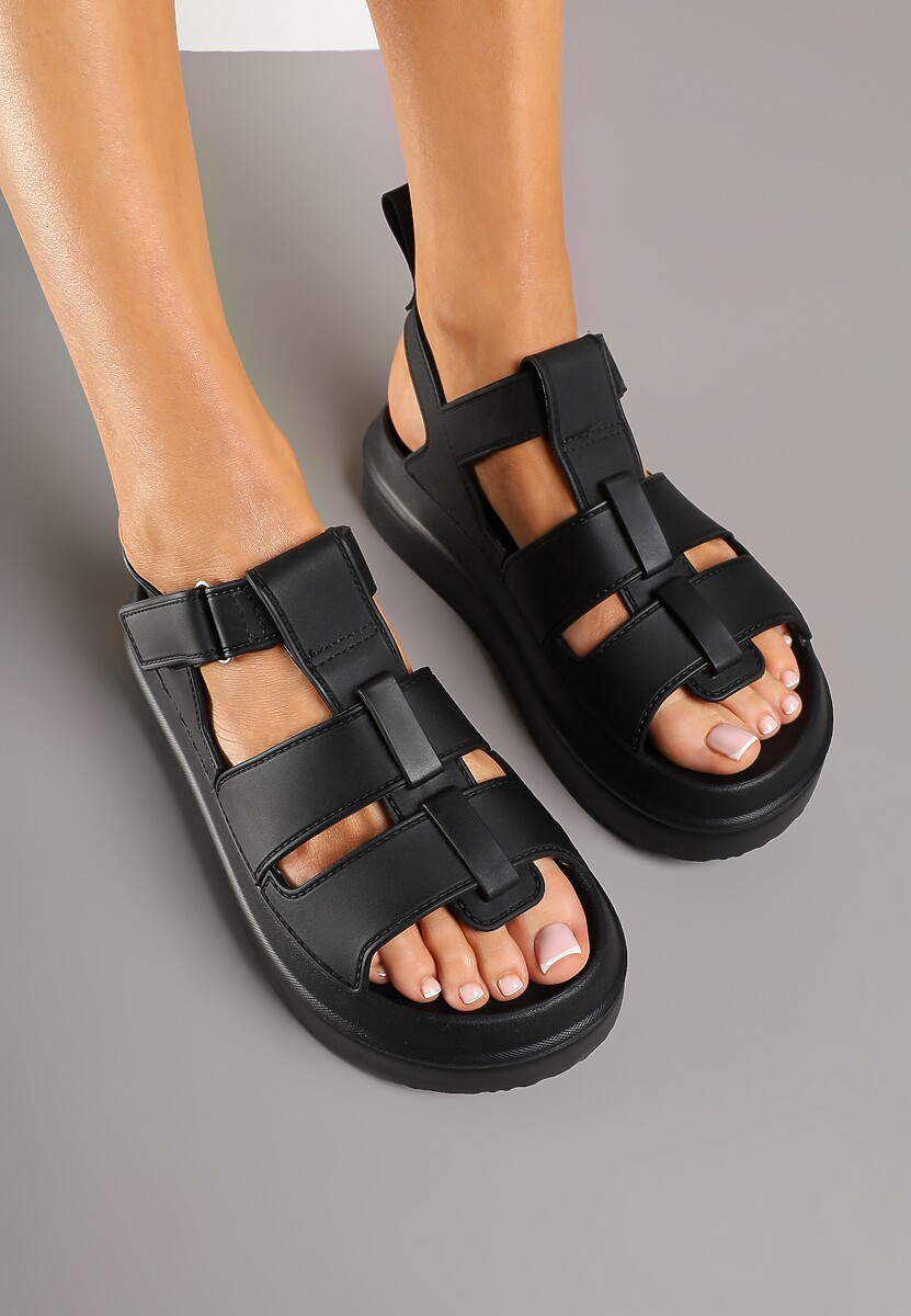 Czarne Sandały w Stylu Gladiatorek z Rzepem Faliniela