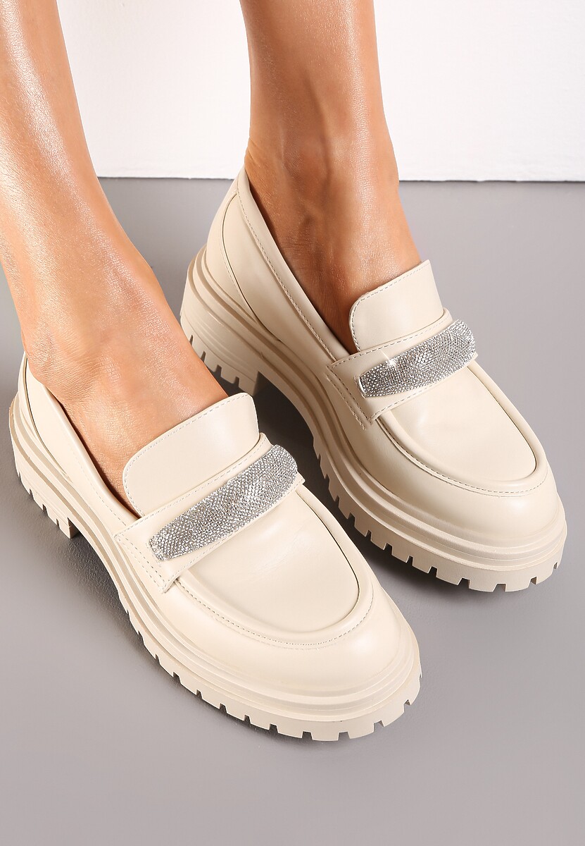 Beżowe Mokasyny na Grubej Podeszwie z Ozdobą z Cyrkonii Neosa