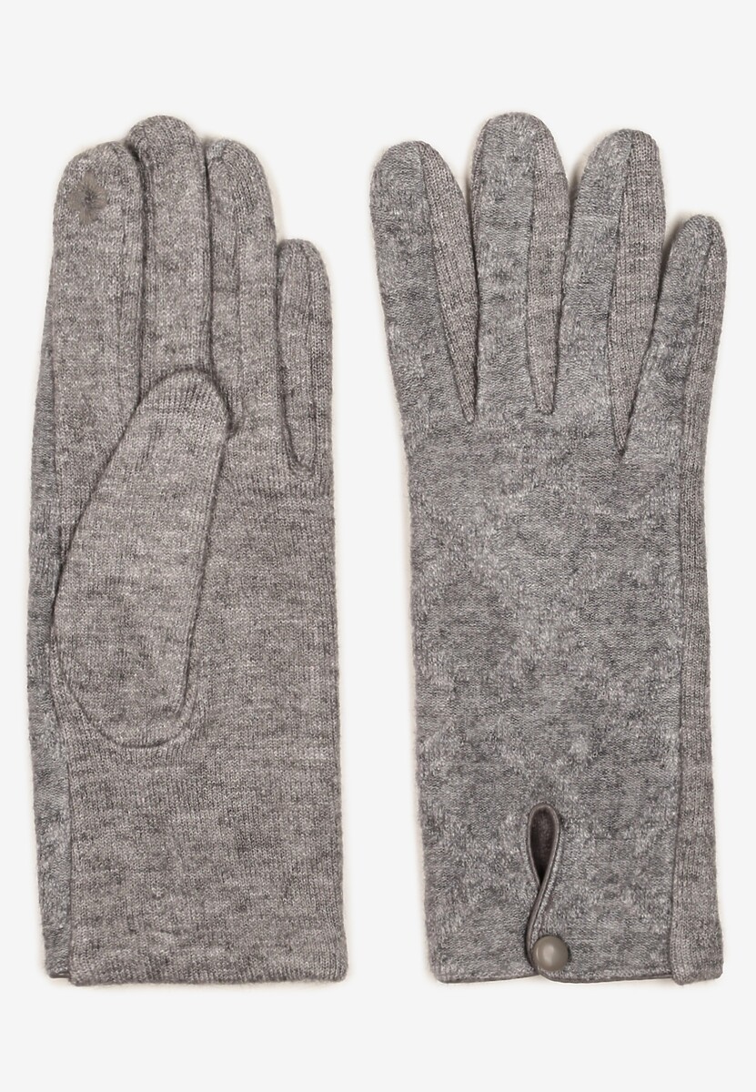 Szare Rękawiczki z Bawełną Ozdobione Rombami i Guzikiem Fenemi