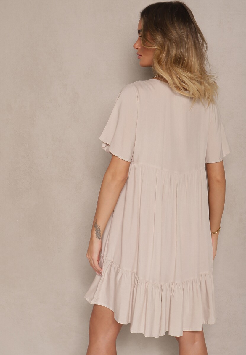 Jasnobeżowa Bawełniana Sukienka Rozkloszowana z Wiązaniem przy Dekolcie Mepova