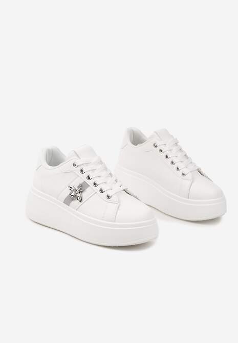 Białe Sneakersy z Ozdobną Aplikacją Owada z Przeszyciami na Platformie Ommea
