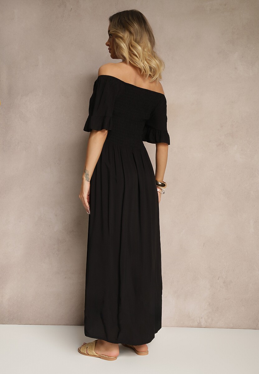 Czarna Rozkloszowana Sukienka Hiszpanka z Bawełny z Elastyczną Górą Maissa