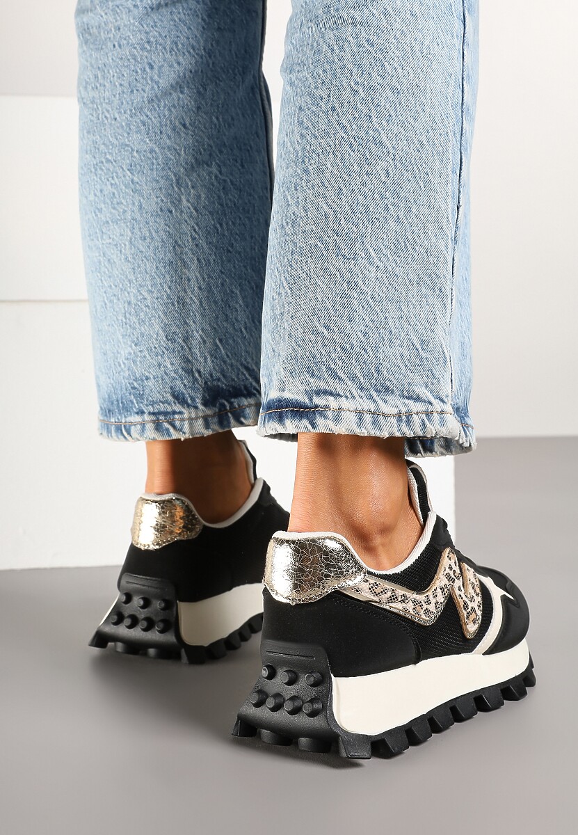 Czarne Sneakersy na Tłoczonej Platformie Zdobione Printem w Cętki Gonalisse