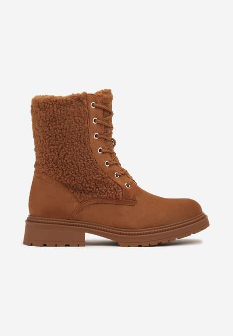 Brązowe Botki Workery na Płaskiej Podeszwie Ozdobione Futerkiem w Stylu Baranka Nevaletta