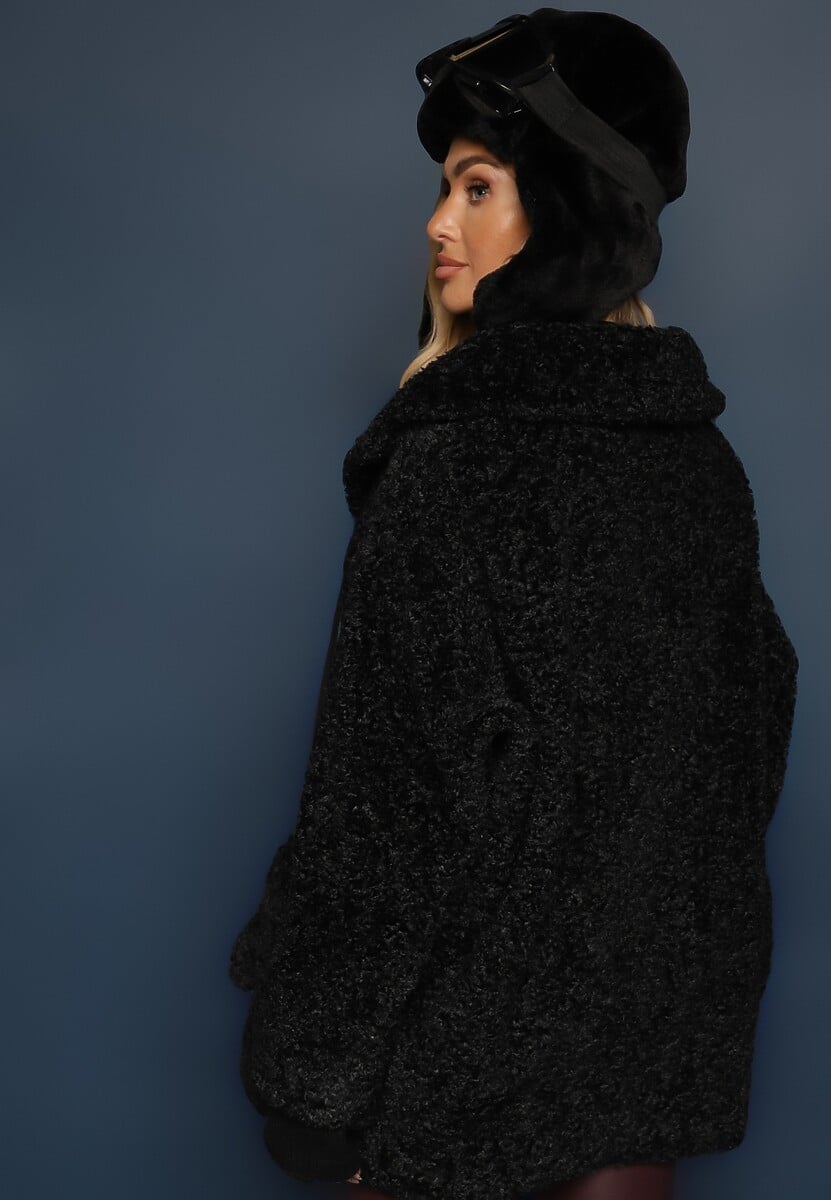 Czarna Dwurzędowa Kurtka Futerkowy Płaszcz z Dodatkowymi Rękawiczkami Hetirra