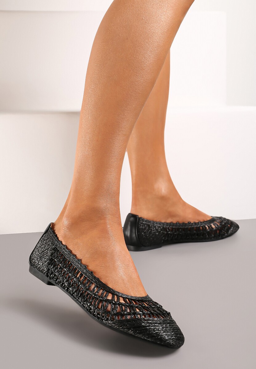 Czarne Płaskie Balerinki z Imitacji Skóry o Ażurowym Wykończeniu Yines