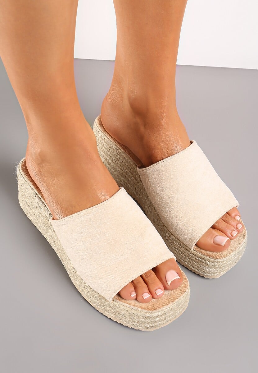 Beżowe Klapki z Szerokim Paskiem i Koturnie z Jutową Plecionką Imacca