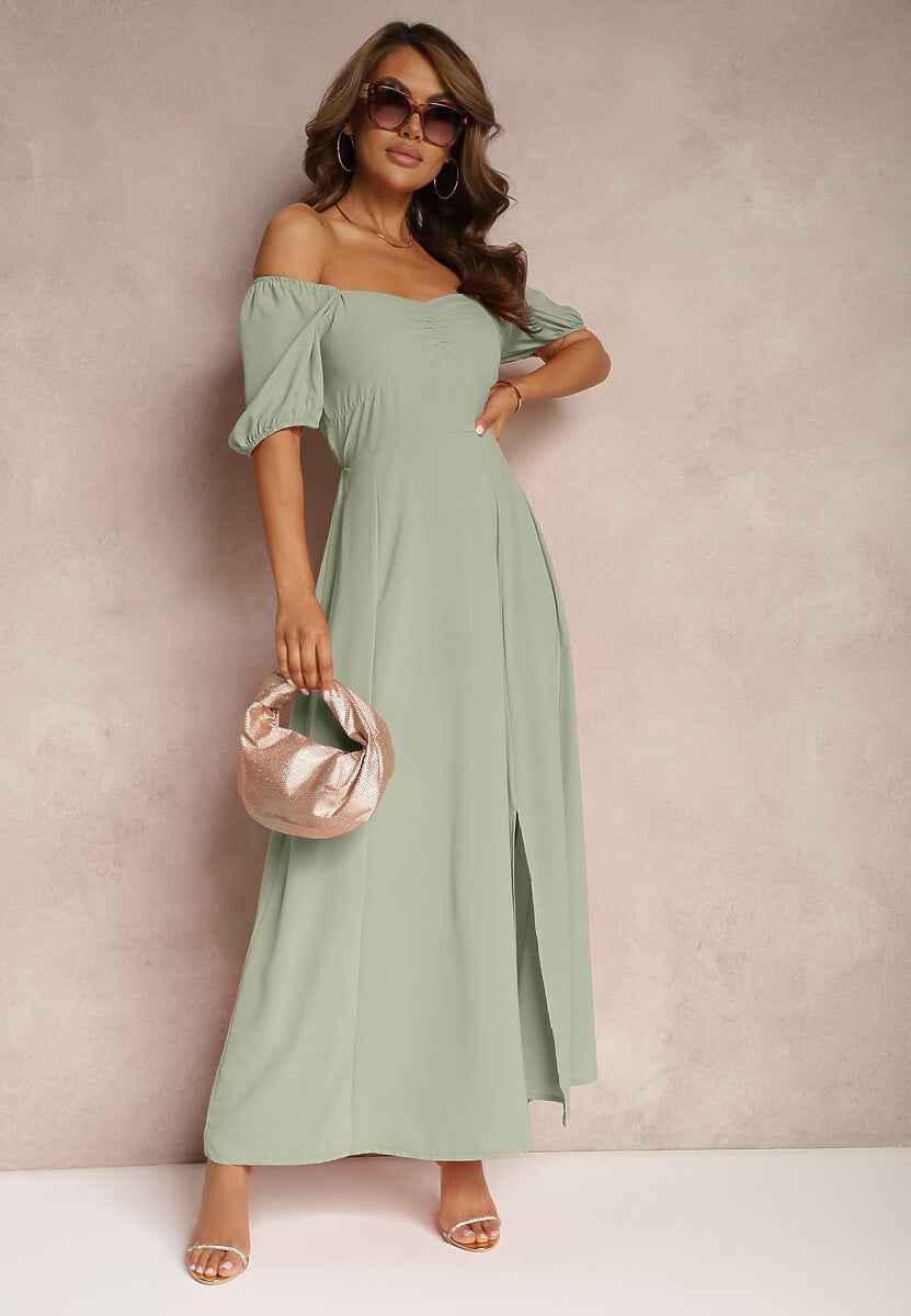 Zielona Sukienka Wieczorowa z Hiszpańskim Dekoltem i Rozcięciem Vikiya