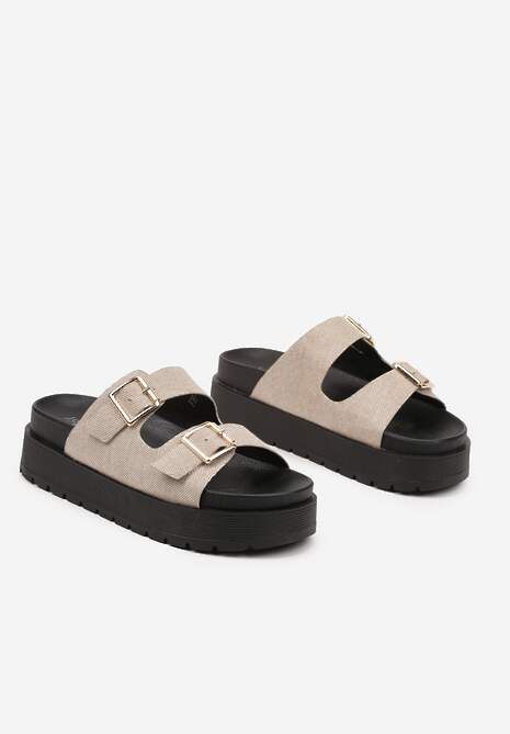 Beżowe Klapki  na Platformie z Paskami ze Sprzączkami Kaliora