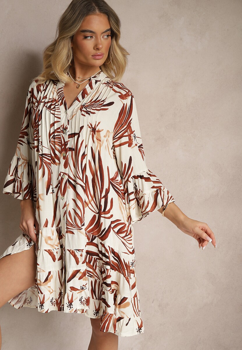 Ciemnoszara Rozkloszowana Sukienka z Wiskozy z Falbanami z Motywem Roślinnym Ridivaria