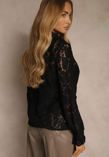 Czarna Koszula Koronkowa na Guziki Acameda