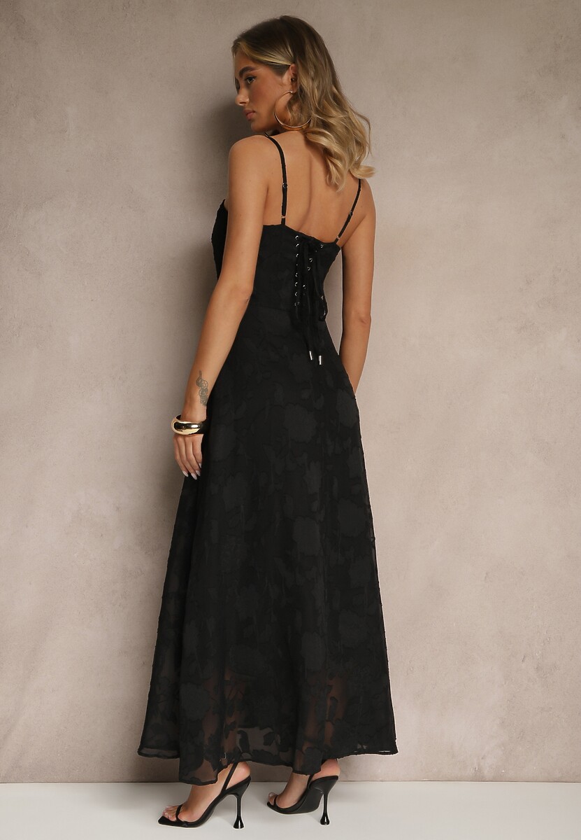 Czarna Sukienka Vices o Rozkloszowanym Kroju z Gorsetowym Wiązaniem Fenalisa