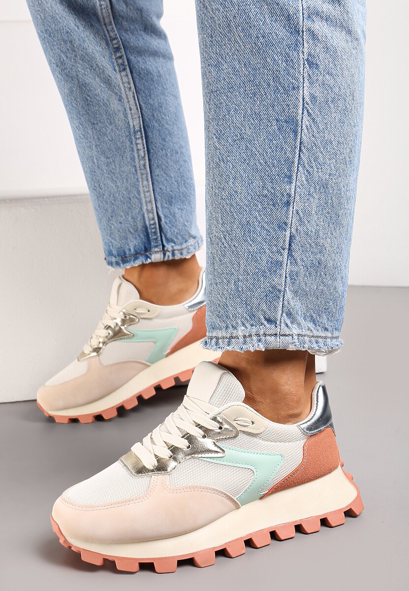 Pomarańczowe Sneakersy na Grubej Podeszwie z Protektorem Ozdobione Wstawkami i Przeszyciami Anemil