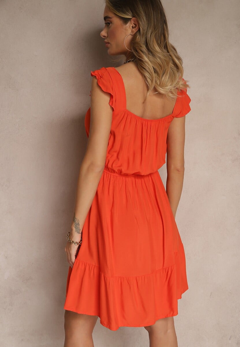 Pomarańczowa Rozkloszowana Sukienka z Wiskozą z Gumką w Talii Lirandine