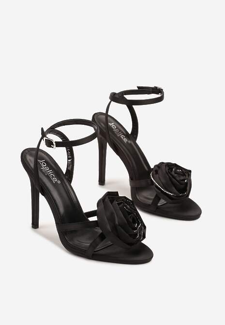 Czarne Sandały z Aplikacją w Kształcie Kwiatka z Cyrkoniami na Szpilce Zianelle