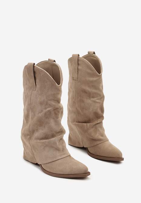 Ciemnobeżowe Botki Kowbojki z Cholewką Imitującą Nogawkę Zellaxie