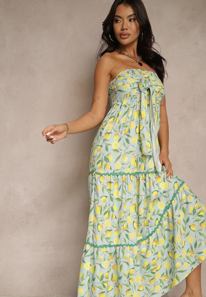 Ciemnozielona Sukienka Ozdobiona Kokardą i Motywem Cytryn Galionea