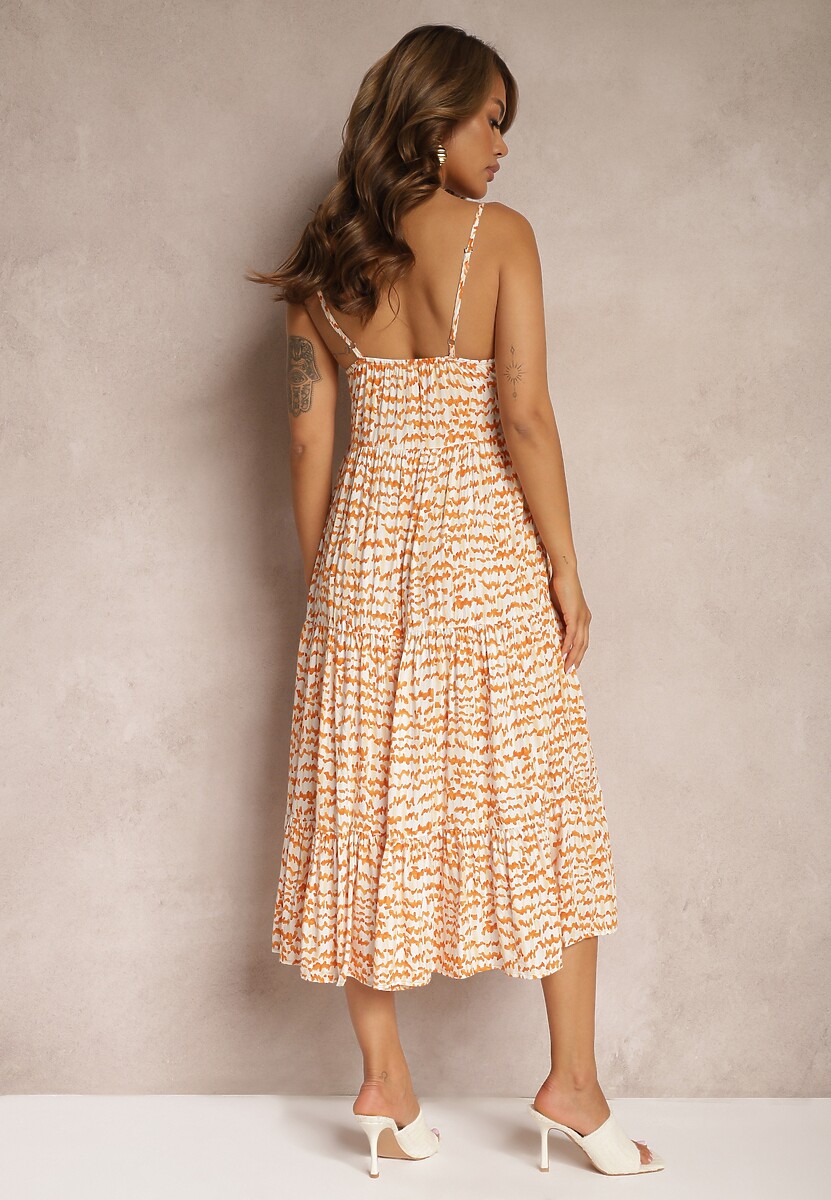 Pomarańczowa Sukienka z Wiskozy na Regulowanych Ramiączkach z Falbanką i Guzikami Vikisha