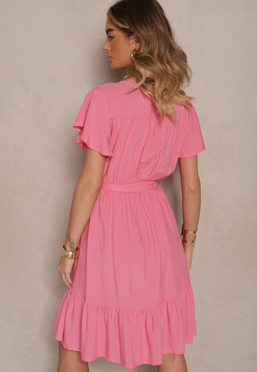 Różowa Kopertowa Sukienka z Wiskozy Ozdobiona Paskiem Lanestea