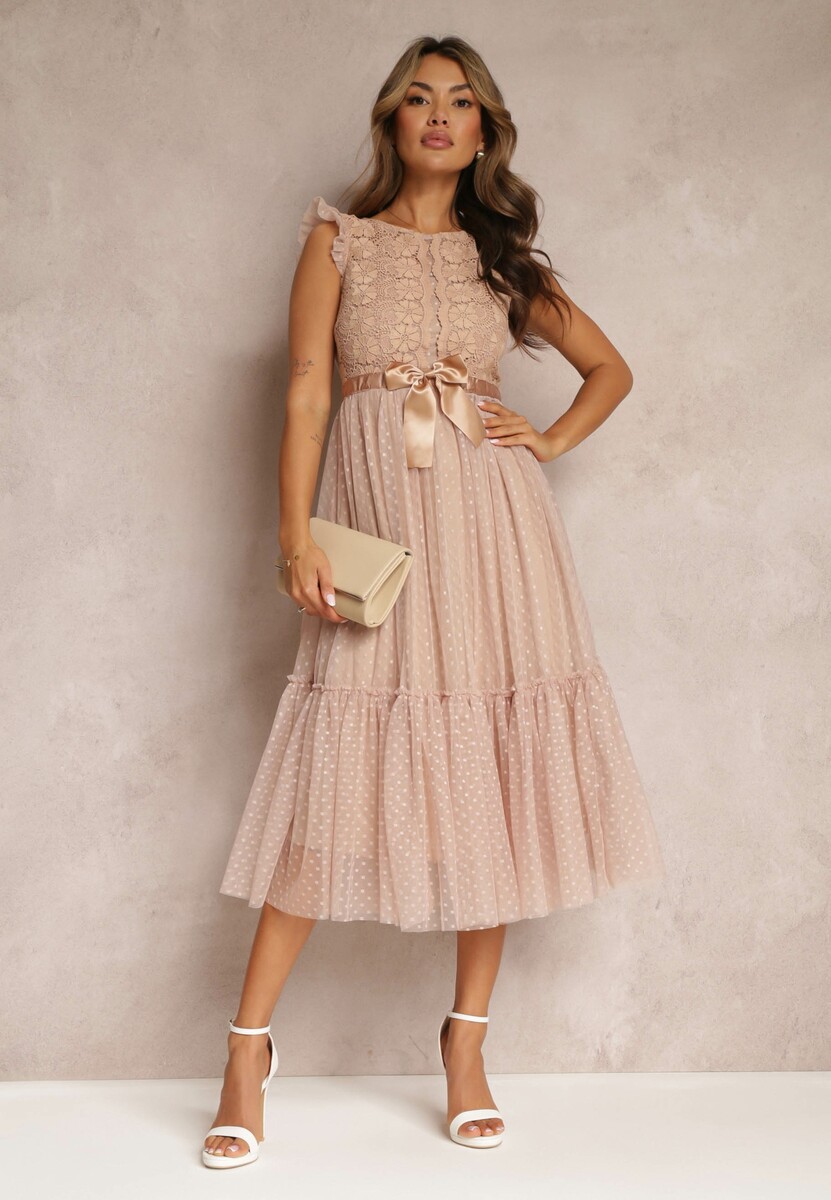 Biała Taliowana Sukienka z Tiulową Spódnicą i Górą z Koronki Darela