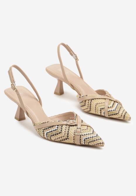 Ciemnobeżowe Sandały na Kaczuszce z Odkrytą Piętą o Ozdobnymi Sprzączkami Adivini