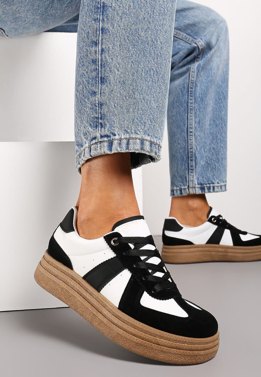 Czarno-Białe Sneakersy na Grubej Podeszwie z Ozdobnymi Przeszyciami Ysdole