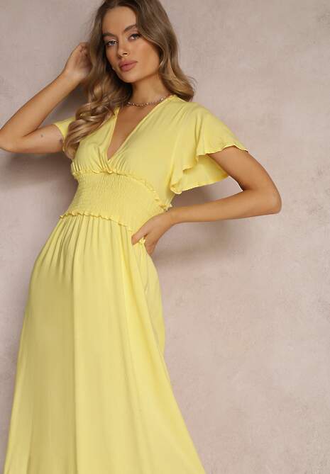 Żółta Wiskozowa Sukienka z Kopertowym Dekoltem i Gumką w Pasie Shura