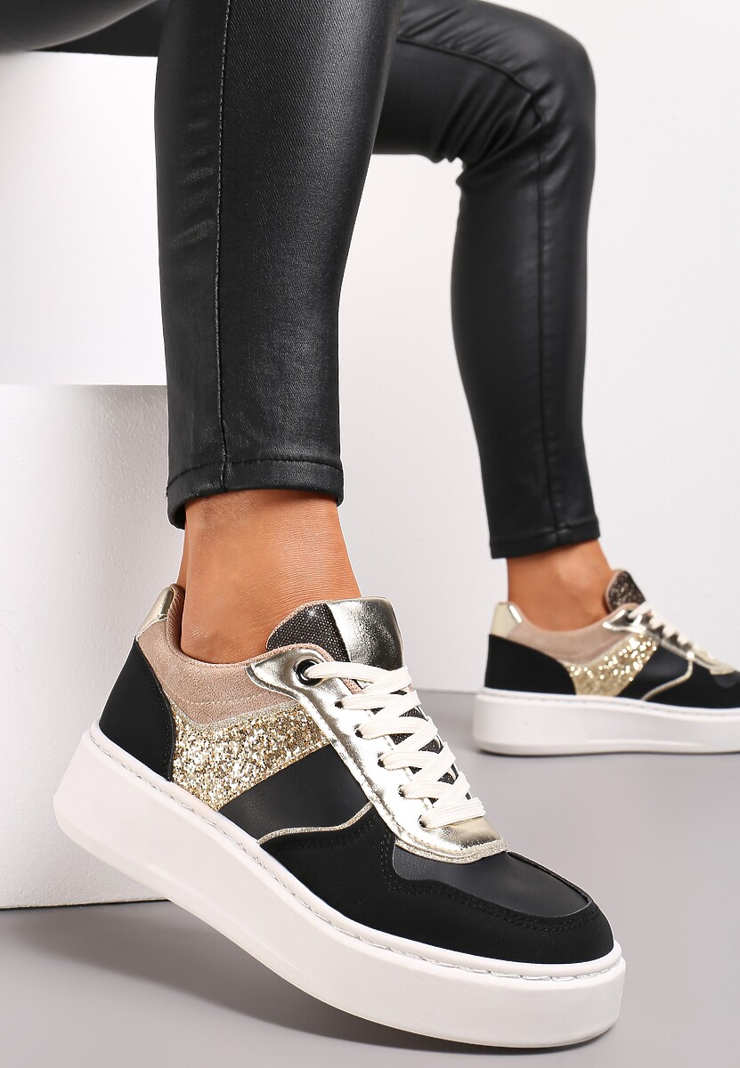 Czarne Sneakersy na Platformie Elasetta