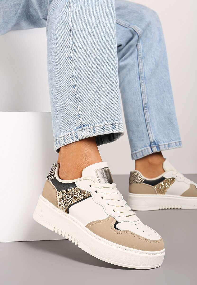 Ciemnobeżowe Sneakersy na Platformie Ozdobione Metalicznymi Elementami Miaraena