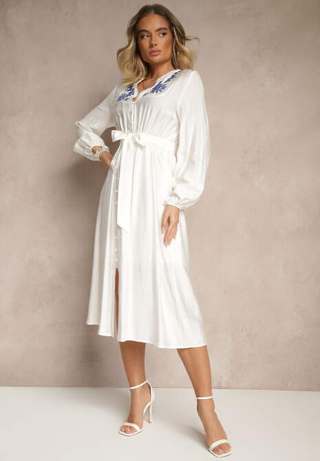 Biała Rozkloszowana Sukienka z Wiskozą Zdobiona Haftem i Wiązanym Paskiem Elvania