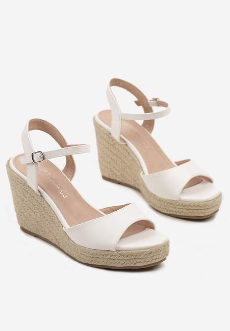 Białe Sandały na Plecionym Koturnie z Wkładką ze Skóry Naturalnej Devaraie