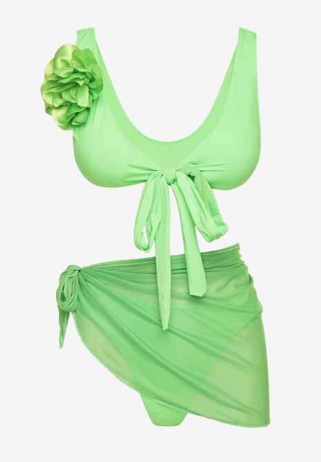 Jasnozielone Bikini Majtki Figi Biustonosz z Broszką Kwiatu 3D i Siateczkowe Pareo Folissa