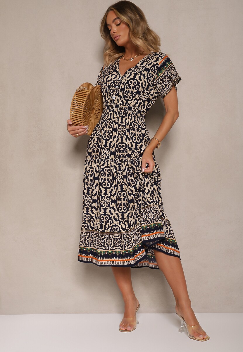 Granatowa Sukienka z Bawełny Ozdobiona Ornamentnym Motywem Fillena