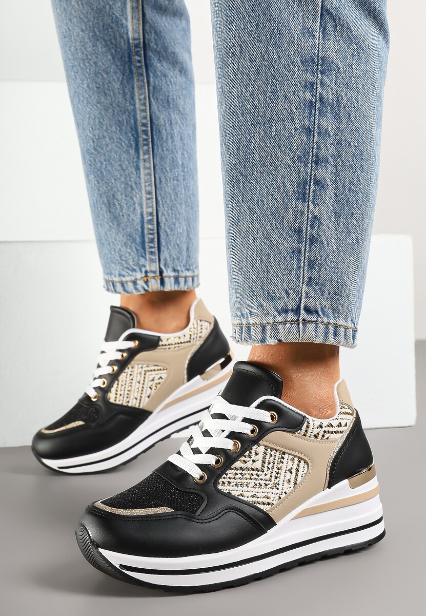 Czarne Sneakersy na Koturnie z Geometrycznym Wzorem i Brokatem Tillineira