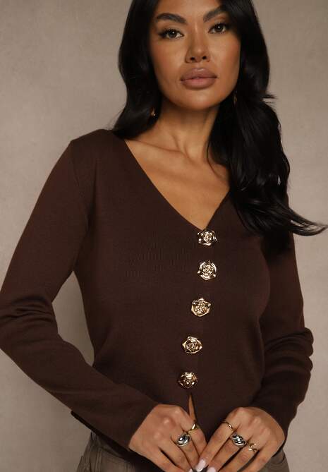 Brązowy Sweter z Wiskozą i Ozdobnymi Guzikami Zetisse
