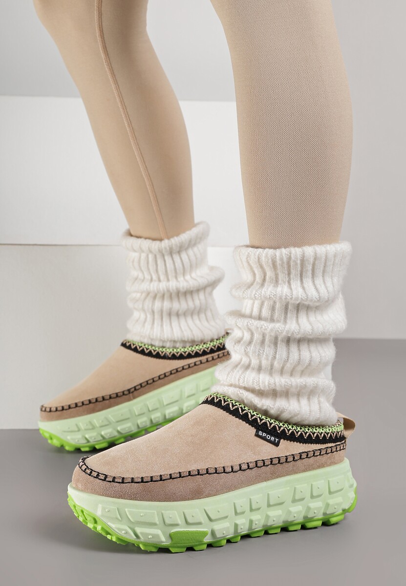 Beżowo-Zielone Śniegowce na Platformie z Tłoczeniem i Niską Cholewką Violova
