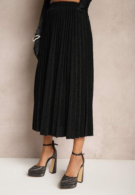 Czarna Połyskująca Spódnica o Rozkloszowanym Kroju z Gumką w Pasie i Plisami Edalliana