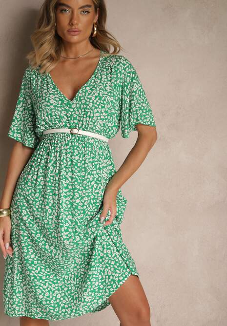 Zielona Rozkloszowana Sukienka z Bawełny Zdobiona Kwiatowym Printem Arirelle