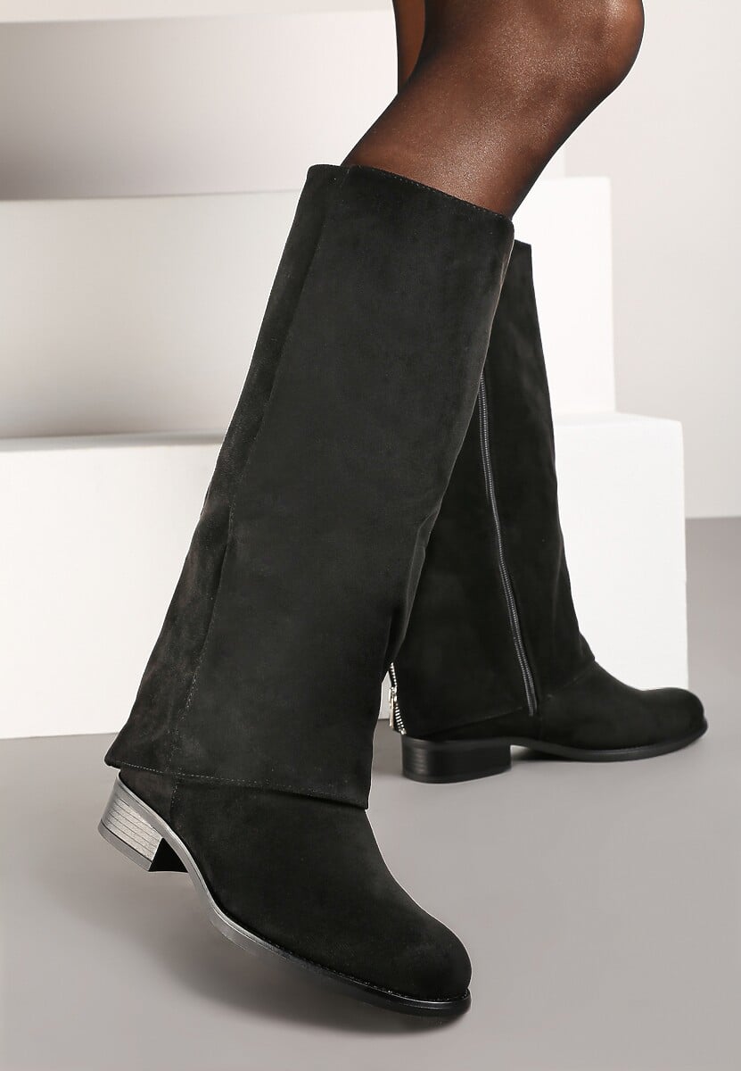 Czarne Ekozamszowe Kozaki na Płaskiej Podeszwie z Cholewką Imitującą Nogawkę Realeira