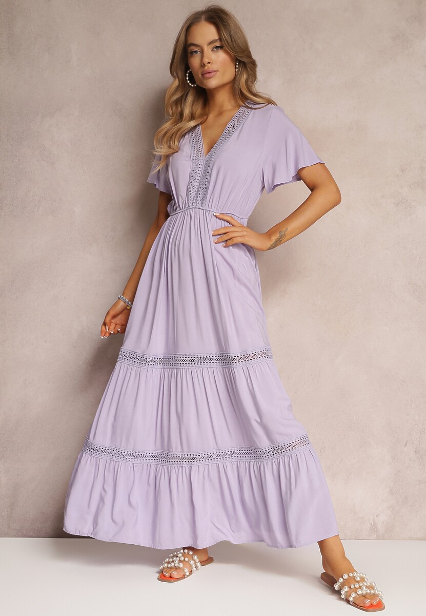 Jasnoniebieska Długa Sukienka Zdobiona Koronkowymi Wstawkami z Gumką w Pasie Nasma