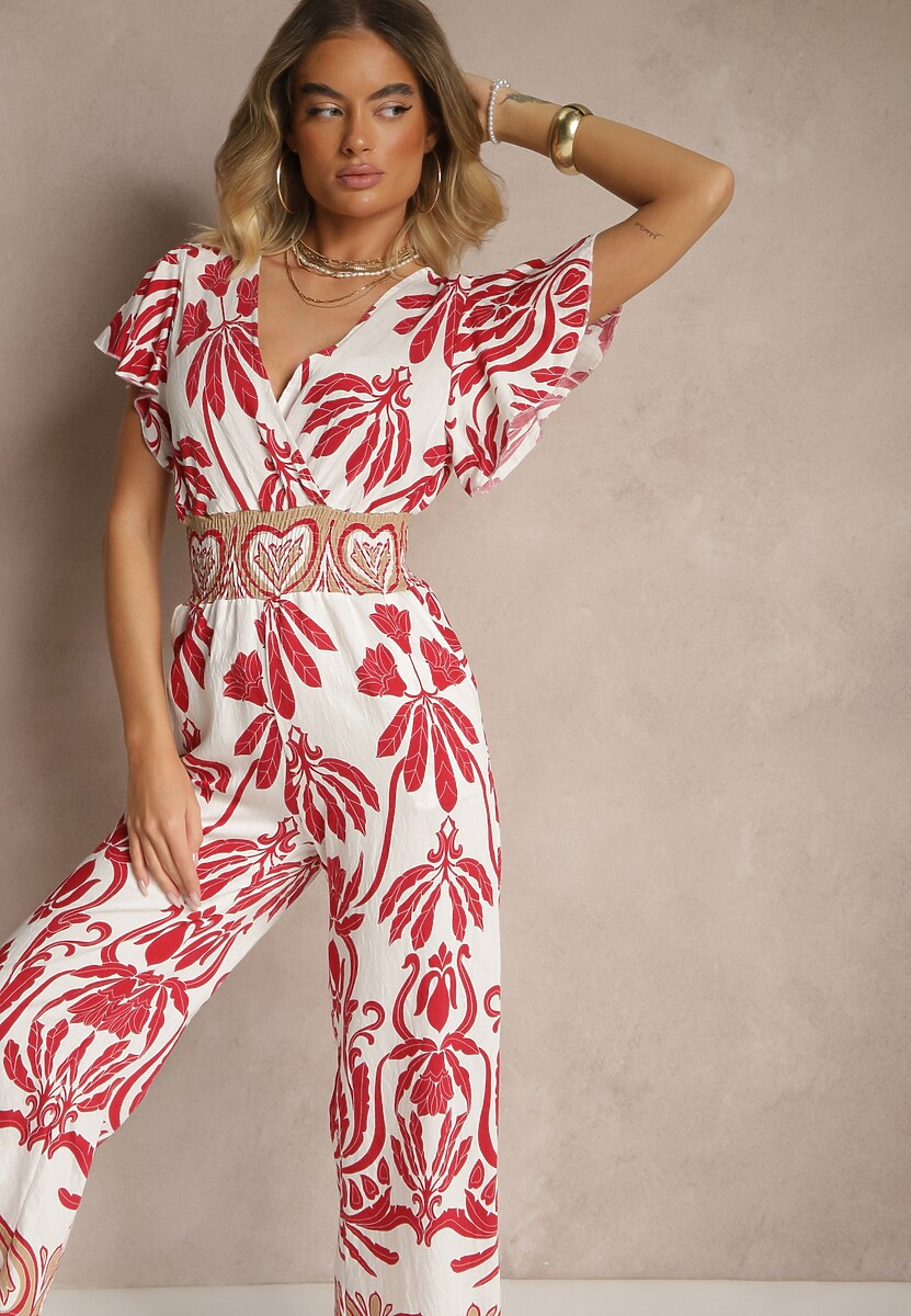 Bordowy Kombinezon z Wiskozy z Zaznaczoną Talią w Boho Wzór i Dekoltem V Virazia