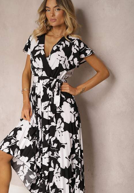 Czarno-Biała Kopertowa Plisowana Sukienka Koktajlowa z Gumką i Paskiem w Talii Benelsea