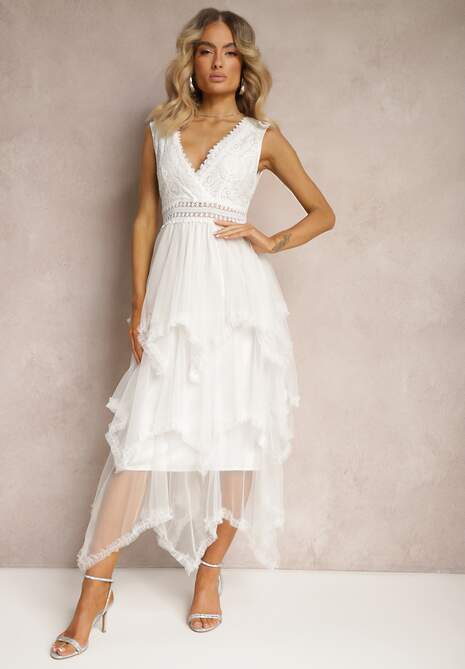 Biała Asymetryczna Sukienka Kopertowa z Wiązaniem na Plecach Driolla