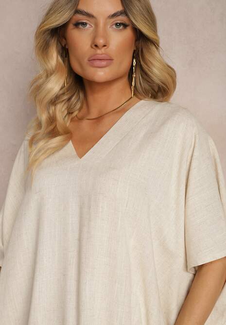 Beżowa Pudełkowa Sukienka z Bawełny z Krótkim Rękawem i Trójkątnym Dekoltem Vikana