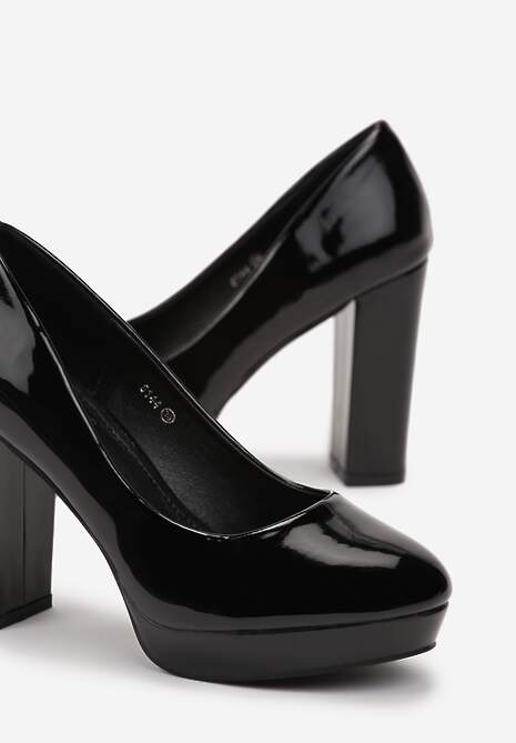 Czarne Czółenka na Słupku i Platformie z Lakierowanej Ekoskóry Glimexa