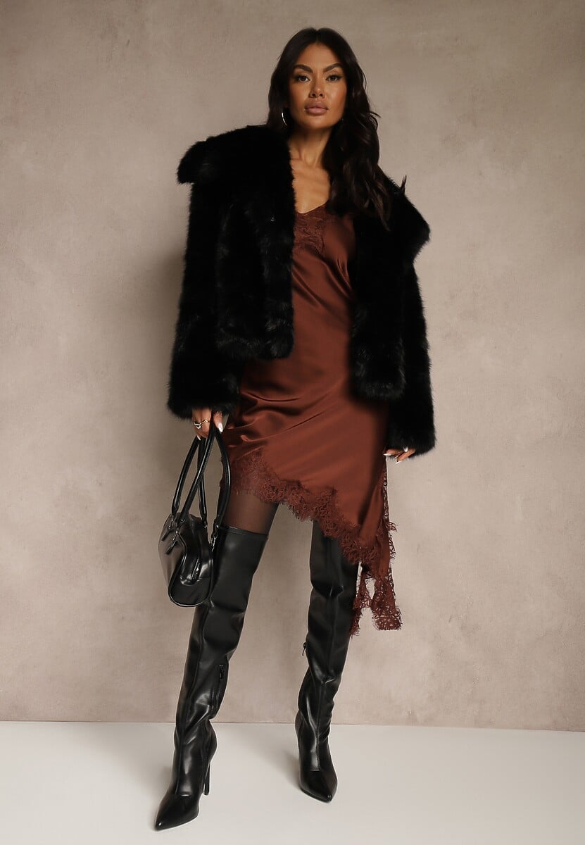 Brązowa Satynowa Sukienka Asymetryczna z Koronką Monoria